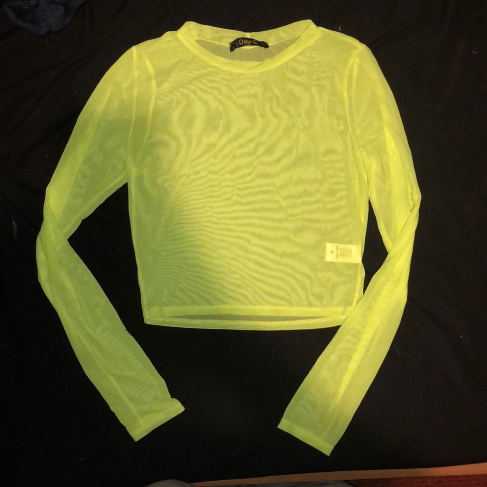 neon yellow mesh long sleeve crop top